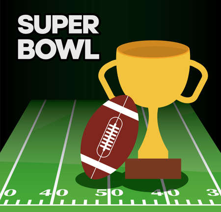 Ball and trophy over field design, Super bowl american football sport hobby competition game training equipment tournement and play theme Vector illustrationのイラスト素材