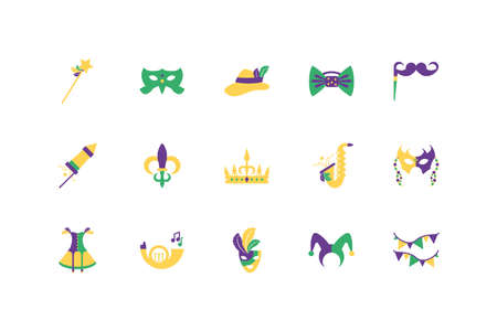 Mardi gras icon set design, Party carnival decoration celebration festival holiday fun new orleans and traditional theme Vector illustrationのイラスト素材