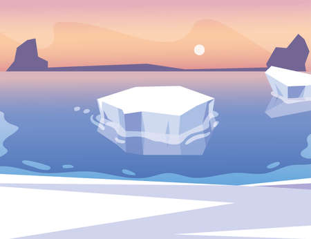 iceberg floating in blue ocean with sun in the sky vector illustration designのイラスト素材