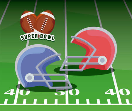 Helmets over field design, Super bowl american football sport hobby competition game training equipment tournement and play theme Vector illustrationのイラスト素材