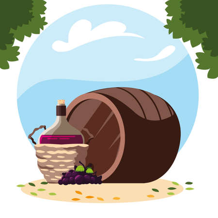 bottle of wine in wicker basket on background landscape illustration designのイラスト素材