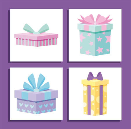 gifts with bowties inside frames design, Box present holiday christmas shopping birthday celebration decoration and surprise theme Vector illustrationのイラスト素材