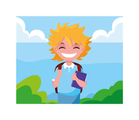 student boy with school suitcase, back to school vector illustration designのイラスト素材