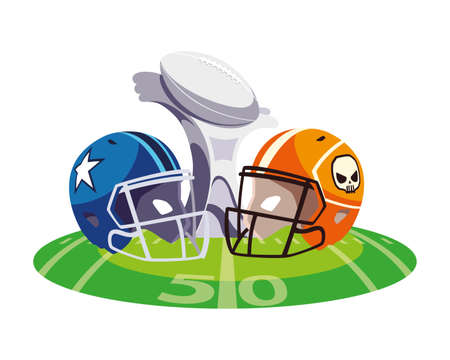 american football award with helmets on stadium grass vector illustration designのイラスト素材