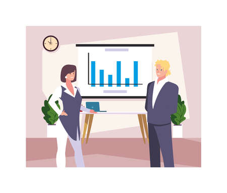 couple of people business in the work office, coordinated work in friendly team in the office vector illustration designのイラスト素材