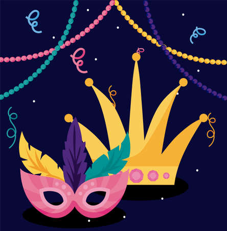 Mardi gras mask and crown with necklaces design, Party carnival decoration celebration festival holiday fun new orleans and traditional theme Vector illustrationのイラスト素材