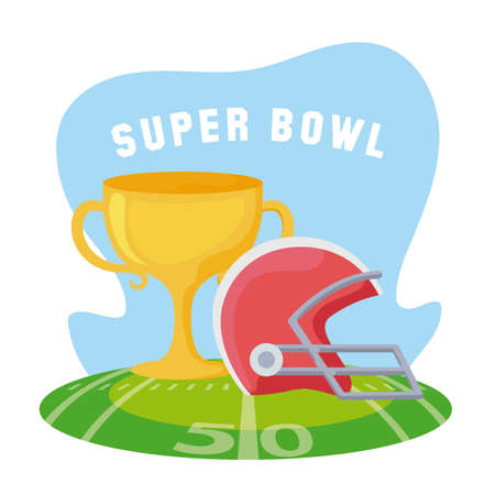 Trophy and helmet over field design, Super bowl american football sport hobby competition game training equipment tournement and play theme Vector illustrationのイラスト素材