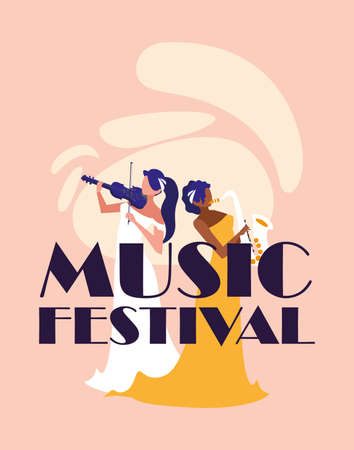 Musician women with fiddle and saxophone design, Music festival sound melody song musical art and composition theme Vector illustrationのイラスト素材