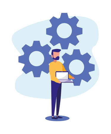 Man with laptop and gears design, Digital technology communication social media internet web and device theme Vector illustrationのイラスト素材