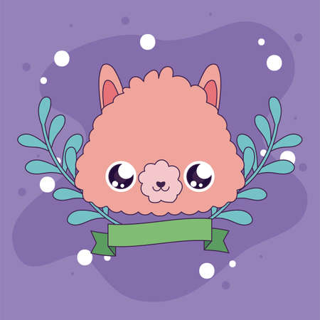 Cute llama cartoon with leaves wreath design, Animal zoo life nature character childhood and adorable theme Vector illustrationのイラスト素材