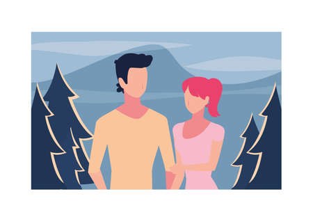 couple of people with background landscape vector illustration designのイラスト素材