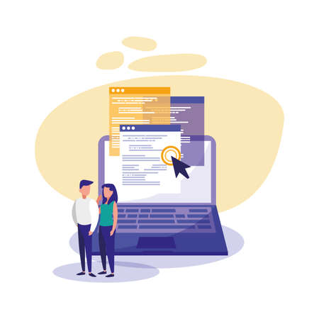 Laptop woman and man design, Digital technology communication social media internet web and screen theme Vector illustrationのイラスト素材