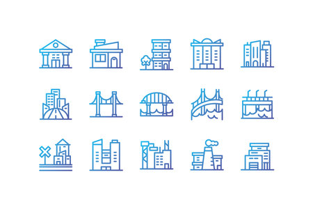 Buildings icon set design, City architecture urban modern downtown contemporary metropolis exterior and construction theme Vector illustrationのイラスト素材