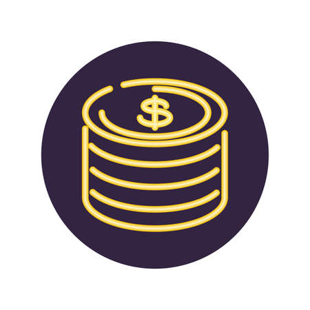 Neon coins inside black circle design, Decoration advertising light lamp retro glowing art bright and fluorescent theme Vector illustrationのイラスト素材