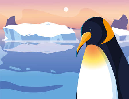 penguin at the north pole, arctic landscape vector illustration designのイラスト素材