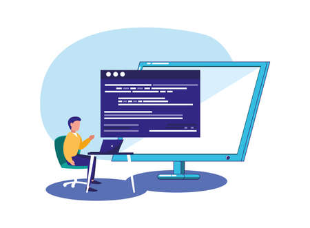 Laptop and man design, Digital technology communication social media internet web and screen theme Vector illustrationのイラスト素材