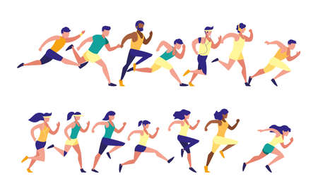 Women and men running set design, Sport hobby competition game training equipment tournement and play theme Vector illustrationのイラスト素材