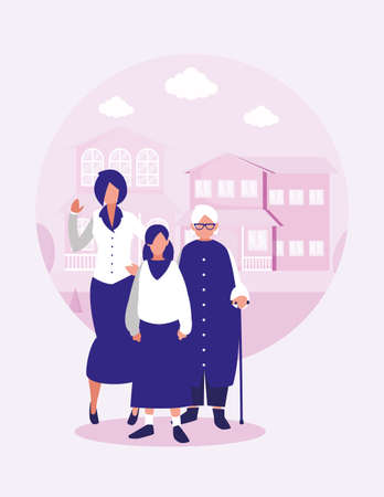 Grandmother mother and daughter in front of the house design, Family relationship generation lifestyle person character friendship and portrait theme Vector illustrationのイラスト素材