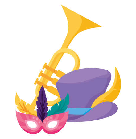 Mardi gras mask hat and trumpet design, Party carnival decoration celebration festival holiday fun new orleans and traditional theme Vector illustrationのイラスト素材