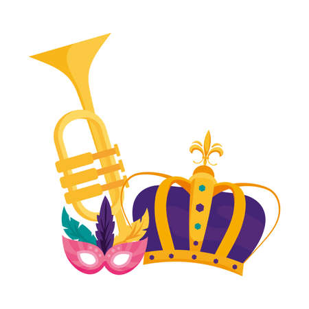 Mardi gras mask trumpet and crown design, Party carnival decoration celebration festival holiday fun new orleans and traditional theme Vector illustrationのイラスト素材