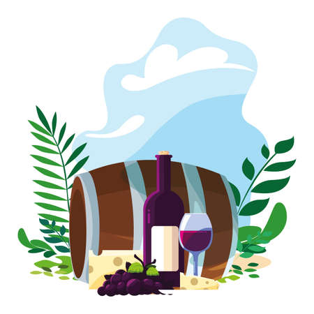 barrel with bottle of wine and background landscape vector illustration designのイラスト素材