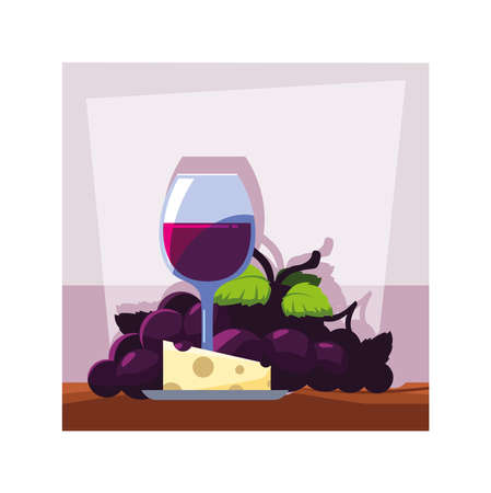 wine glass with grapes and cheese portion vector illustration designのイラスト素材