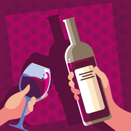 hands holding a bottle and glass of wine vector illustration designのイラスト素材
