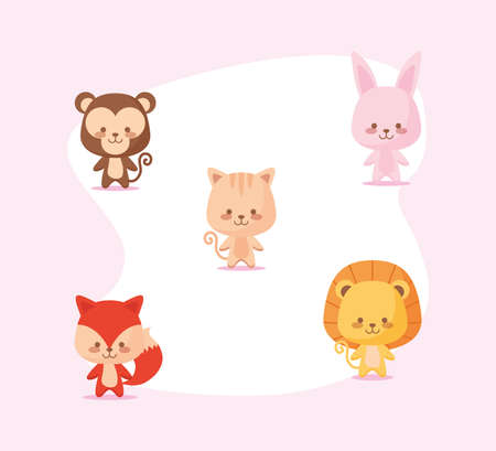 Cute monkey rabbit cat lion and fox cartoon design, Animal zoo life nature character childhood and adorable theme Vector illustrationのイラスト素材