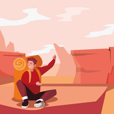 Hiker man with bag and landscape design, Walker excursionist rambler tripper tourist travel trip tourism and journey theme Vector illustrationのイラスト素材
