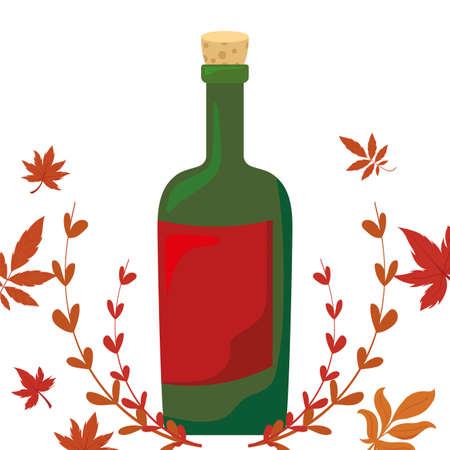 Wine bottle and autumn leaves design, Winery alcohol drink beverage restaurant and celebration theme Vector illustrationのイラスト素材