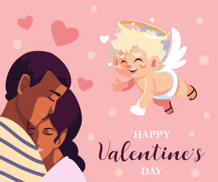 greetings card for valentines day, couple in love and sweet cupid angel vector illustration designのイラスト素材