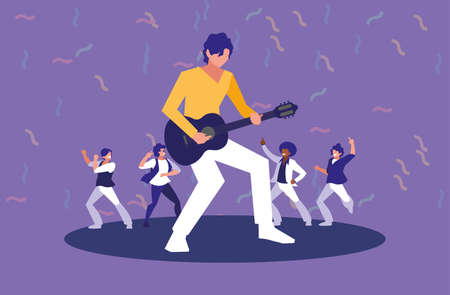 Musician with guitar and dancers design, Music festival sound melody song musical art and composition theme Vector illustrationのイラスト素材