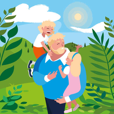 father with son and daughter characters in the field vector illustration designのイラスト素材