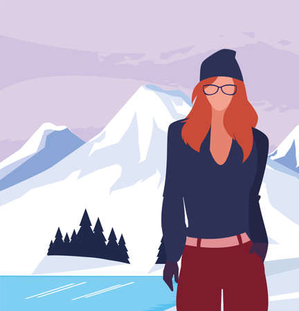 Avatar woman in front of landscape design, Girl female person people human and social media theme Vector illustrationのイラスト素材