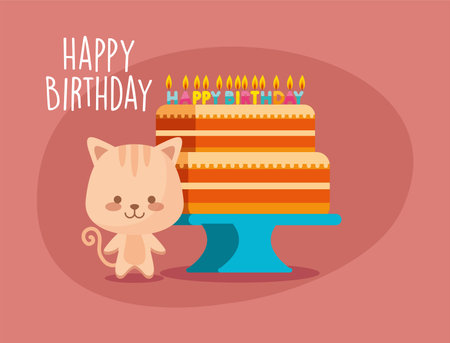 cat cartoon and cake design, Happy birthday card celebration decoration surprise party anniversay...