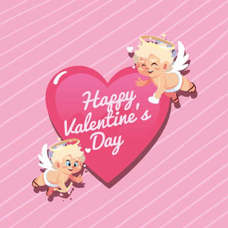 Blond cupids cartoons with heart design of Happy valentines day love passion romantic wedding decoration and marriage theme Vector illustrationのイラスト素材