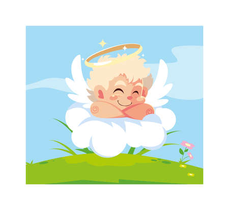 cupid angel sleeping on a cloud, valentines day vector illustration designのイラスト素材