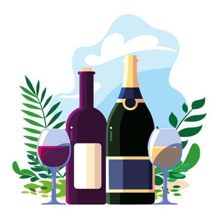 Illustration for bottle and glass of wine with background landscape vector illustration design - Royalty Free Image