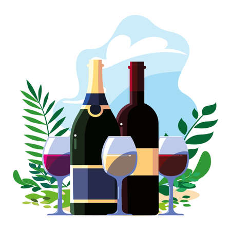 bottle and glass of wine with background landscape vector illustration designのイラスト素材