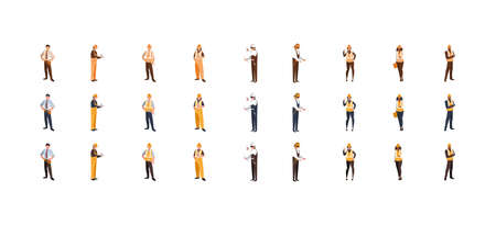 Builder men women with yellow and white helmet set design of Construction working maintenance worker job workshop repairing and progress theme Vector illustrationのイラスト素材