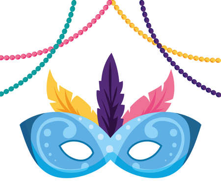 Mardi gras mask with feathers and necklaces design, Party carnival decoration celebration festival holiday fun new orleans and traditional theme Vector illustrationのイラスト素材