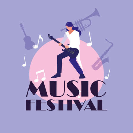Musician man with electric guitar design, Music festival sound melody song musical art and composition theme Vector illustrationのイラスト素材