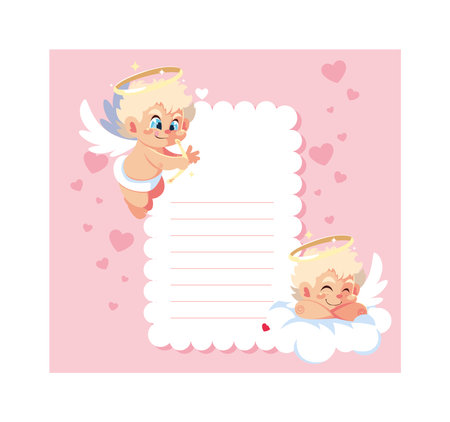 card valentines day with cupid angels , sheet to write vector illustration designのイラスト素材