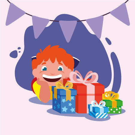 Boy cartoon with gifts design, Happy birthday card celebration decoration surprise party anniversay and invitation theme Vector illustrationのイラスト素材