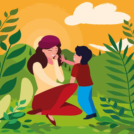 beautiful mother with son in the landscape vector illustration designのイラスト素材