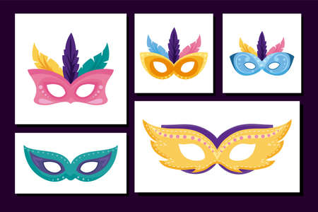 Mardi gras masks set inside frames design, Party carnival decoration celebration festival holiday fun new orleans and traditional theme Vector illustrationのイラスト素材
