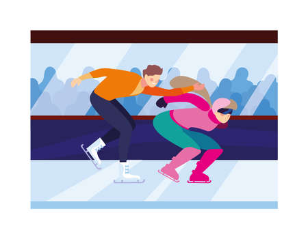 couple of people practicing skating winter vector illustration designのイラスト素材