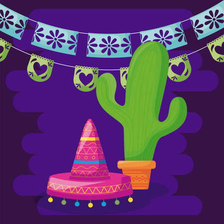 Mexican cactus and hat with banner pennant design, Mexico culture tourism landmark latin and party theme Vector illustrationのイラスト素材