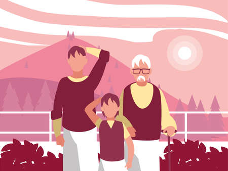 Grandfather father and son in front of landscape design, Family relationship generation lifestyle person character friendship and portrait theme Vector illustrationのイラスト素材