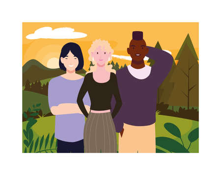 group of people with background landscape vector illustration designのイラスト素材